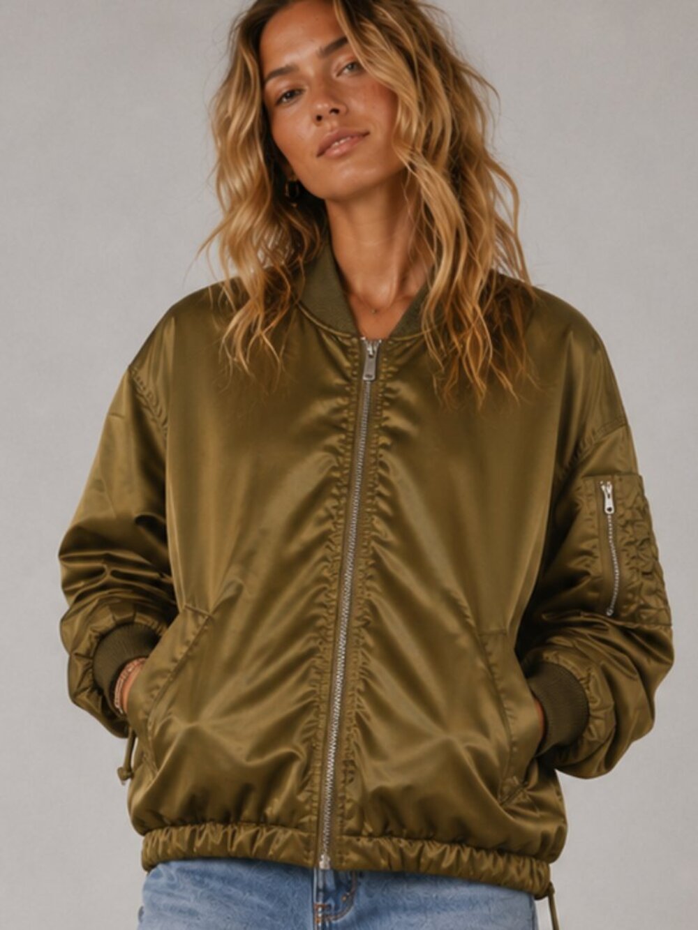 A.NEW DAY Matte Satin Finish Flight Bomber Jacket Olive Green Gold XS/S NWOT